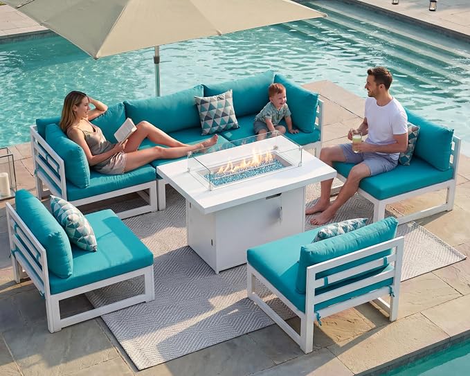 BULEXYARD 7 Pcs Large Aluminum Outdoor Patio Furniture Set with Rectangular Fire Pit Table, 29" Wide Deep Seat, Rust Proof Minimalist Sectional Sofa, 500 lbs Sturdy Outside Conversation Set, Turquoise