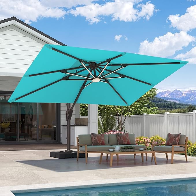 9x12 FT Cantilever Patio Umbrella with Led Lights Double Top Outdoor Rectangular Large Heavy Duty Aluminum Offset Umbrellas with 7 Level Tilt 360-degree Rotation for Pool Garden Deck, Turquoise