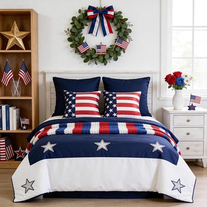 4th of July Pillow Covers 18x18 Inch Set of 2 | Patriotic Outdoor Throw Pillow Covers, American Star Red Blue Stripe Decorative Cushion Case for Independence Memorial Day