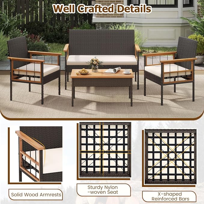 HAPPYGRILL Patio Furniture Set Outdoor Rattan Wicker Conversation Set with Acacia Wood Coffee Table, Chairs, Loveseat & Cushions, for Porch, Garden, Backyard, Poolside (4 Pieces)