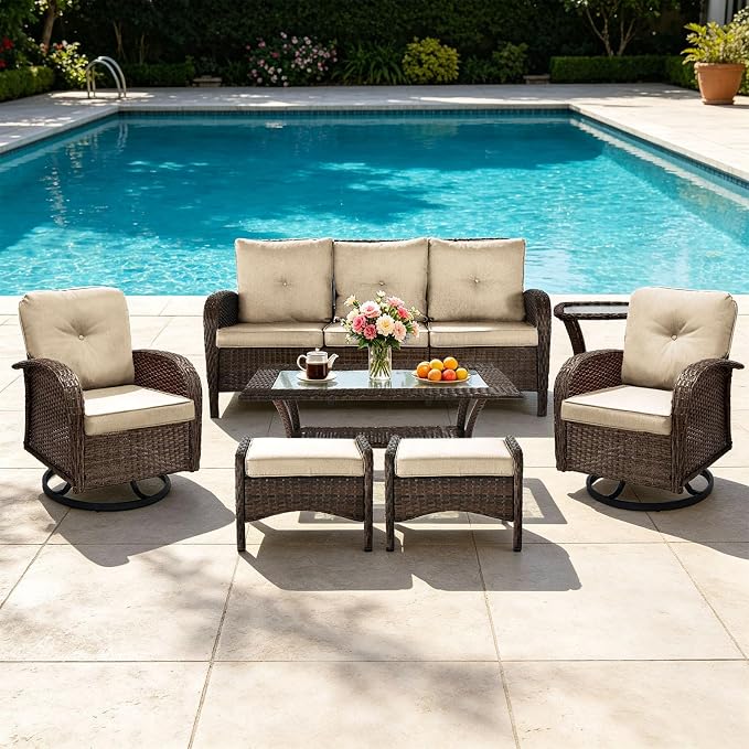 All Weather Patio Furniture Set, High Back Swivel Rocker Glider Chairs，Ottomans & Glass Tables, Outdoor Conversation Set for Deck Porch Yard Poolside (Brown, 7PCS-Sofa&Swivel Chairs&Ottomans&Tables)