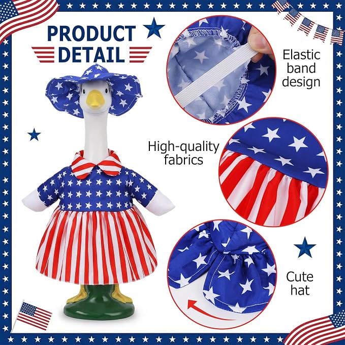 Patriotic Porch Goose Outfits, Porch Goose 4th of July Outfits for 23" Lawn Statue, Cute Independence Day Goose Clothes for Front Porch Outdoor Patio Yard 250th Anniversary Decoration