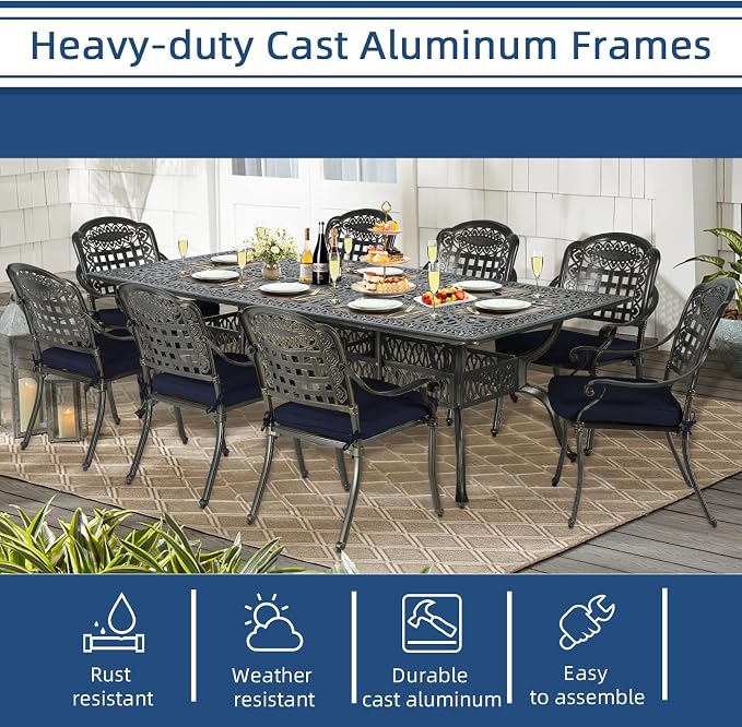 9-Piece Patio Cast Aluminum Dining Set, Outdoor Table and Chairs Set for 8, Includes 94.5" Rectangular Dining Table and 8 Cushioned Chairs with Umbrella Hole for Lawn Garden, Navy Blue