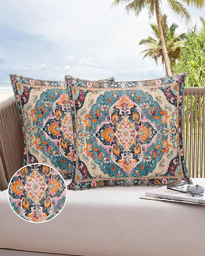 Outdoor Waterproof Pillow Covers Set of 2, Meddle Century Vintage Floral Mural Pattern Patio Throw Pillow Covers, Decorative Cushion Case for Couch Sofa Furniture Garden, 20x20 Inch