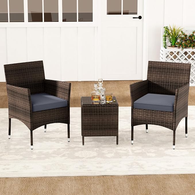RELAX4LIFE 3-Piece Patio Furniture Set - Rattan Wicker Outdoor Conversation Set w/Cushions & Glass Coffee Table, Balcony Furniture for Porch Garden Backyard, Bistro Table and Chairs Set of 2 (Grey)