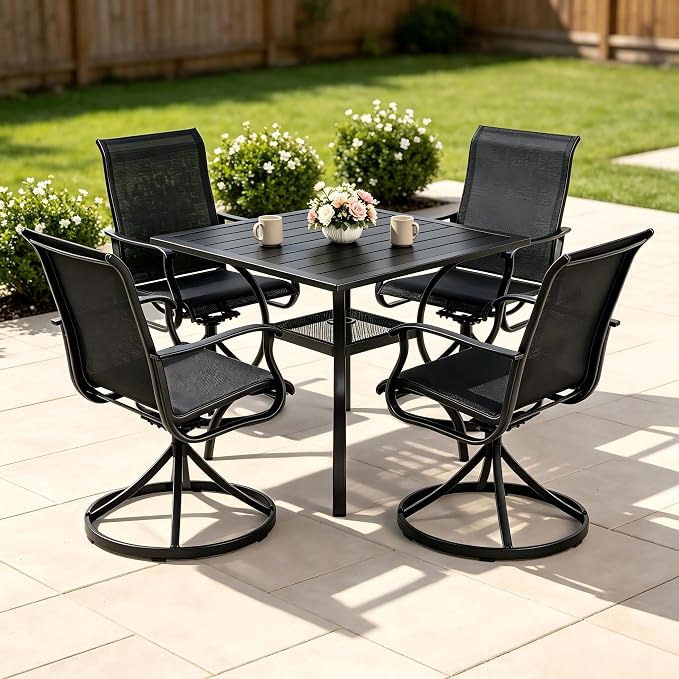 Crownland 5 Piece Patio Dining Set, 4 Swivel Metal Chairs and Square Outdoor Dining Table with 1.57" Umbrella Hole, Outdoor Furniture Dining Set for Lawn, Backyard, Garden(Black)