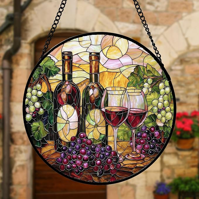 DASTOLL Stained Glass Window Hanging, Grapes and Wine Suncatcher Diamond Glass Panel Hangings Sun Catchers Decor for Birthday for Women, Men, Wife, Aunt, and Mom 11.8x11.8 in