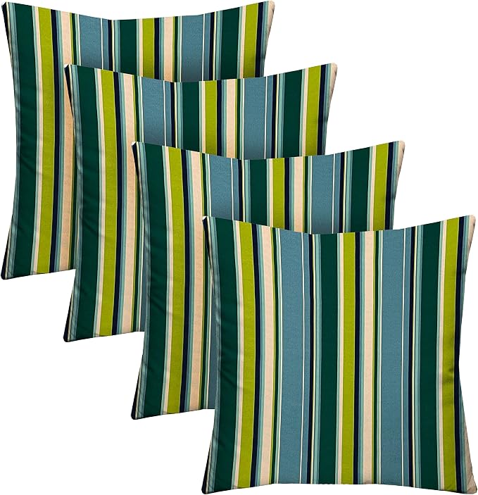 Square Throw Pillows Set of 4-17" x 17", All-Weather Spun Fabric, Water & Fade-Resistant | Outdoor Accent Pillows for Patio Furniture | Covert Capri Blue Stripe | Made in USA