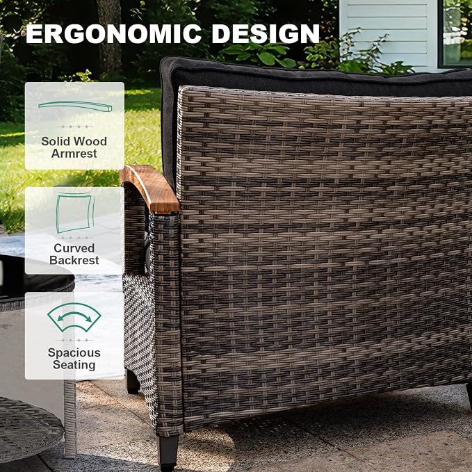 MEISSALIVVE 11-Piece Half-Moon Curved Outdoor Patio Furniture Set, Sectional Conversation Sofa with Wood Armrests, Round Coffee Table for Backyard Deck Garden, Black