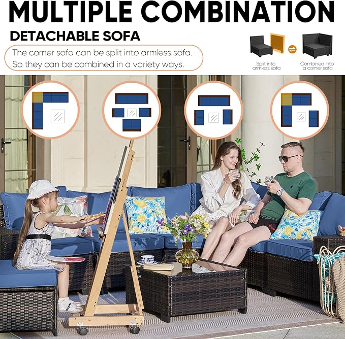 8 Pieces Patio Furniture Set, Wicker PE Rattan Outdoor Sectional with Cushion & Coffee Table, Patio Conversation Sofa for Garden, Backyard, Poolside, Navy