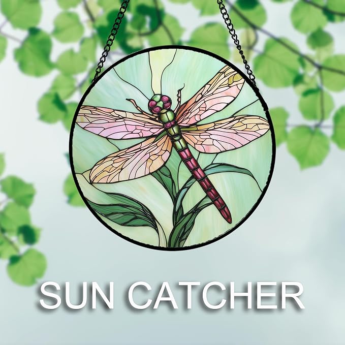 DASTOLL Stained Glass Window Hanging 4 Pcs Set Pink Green Insect Theme 7.8" - Butterfly Suncatcher Door Garden Sun Catcher Decor Birthday Christmas for Mom Woman Nana Men