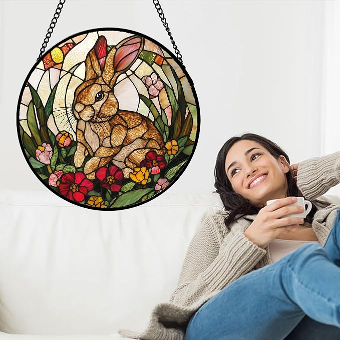 Stained Glass Window Hanging, Cute Bunny Flowers Sun Catcher for Window Door Home Decor, Rabbit Suncatcher Christmas Mother's Day Birthday Gifts for Women Men Mom and Nana 9.8 in