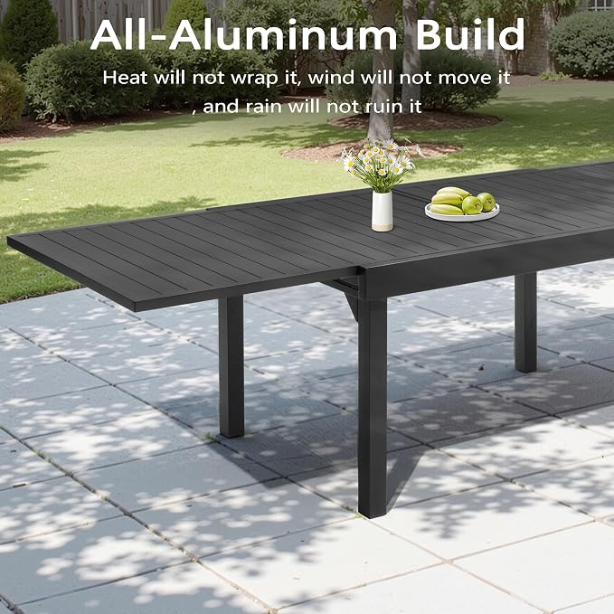 Pellebant 7-Piece Aluminum Outdoor Dining Set for 6, Stackable Contoured Seat Chairs with 17.3" Depth, Expandable Patio Table – Weather-Resistant Furniture for Deck, Porch & Backyard