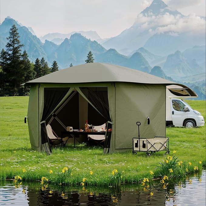 GarveeLife 11.5x11.5FT 6-Sided Pop Up Gazebo Tent，One-Push Setup Canopy Tent with Mesh Panels & Removable Wind Cloths, Outdoor shelter for Camping, Backyard Parties, Outdoor Events - Army Green