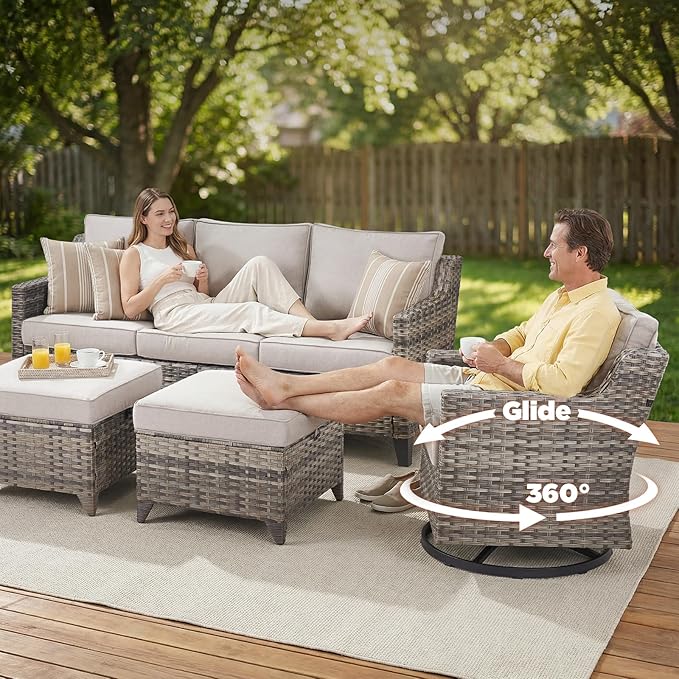 Belord Patio Wicker Swivel Rocker Patio Chairs with 3-Seater Sofa, Outdoor Rattan Chairs for Deck Porch Poolside, 9 Piece Patio Conversation Furniture Set,Beige