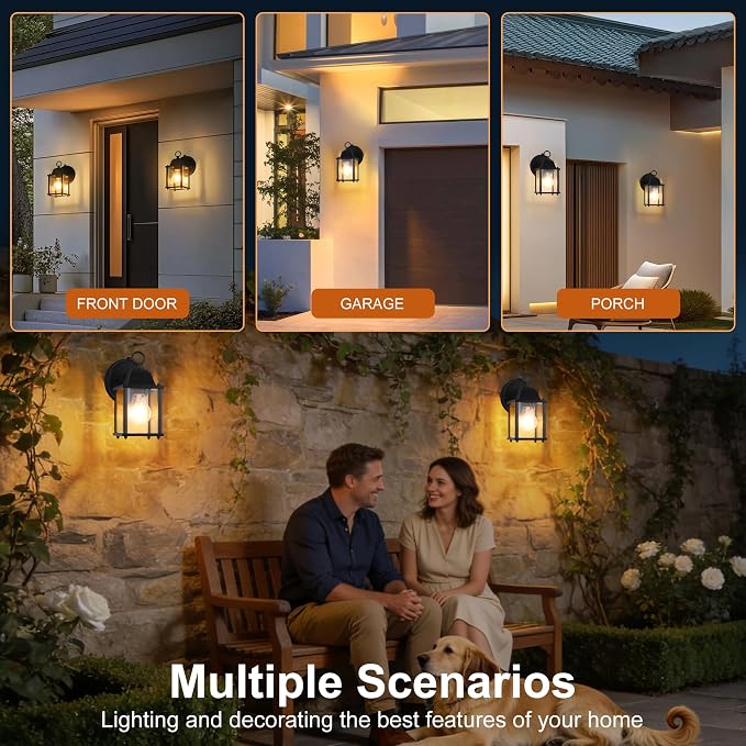Dawn to Dusk Sensor Outdoor Wall Light Fixtures Waterproof Porch Lights Anti-Rust Black Exterior Lighting Fixtures Outdoor Wall Lantern for House -2 Pack