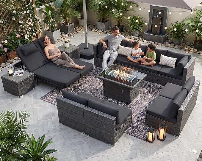 NICESOUL 13 Piece Outdoor Sectional w/Fire Pit Table, Luxury Modular Patio Furniture Set w/Chaise Lounge, Plus 29.3'' High-Back Seating Sofa, All-Weather Deck Couch for Poolside, Yard, Dark Grey