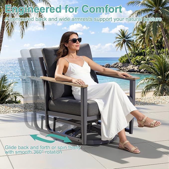 6-Piece Patio Rocking Swivel Chair Outdoor Aluminum Bistro Set with Coffee Table, Outdoor Patio Furniture Set with High Backrest & Thickened Cushions for Garden, Deck and Balcony, Dark Grey