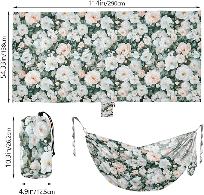 Camping Hammock Outdoor Hammocks for Outside White Camellia Flower Beach Trees Portable Lightweight with Pockets Tree Straps Indoor