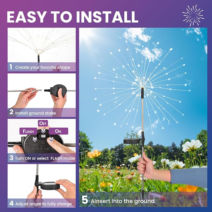 PEVOROS Solar Firework Fairy Garden Lights Outdoor, Colorful, 2 Pack | 120 LEDs, Waterproof, Fairy Garden Decor, Auto On/Off, Solar Powered, for Yard, Patio, Porch, Flower Pot, Pathway