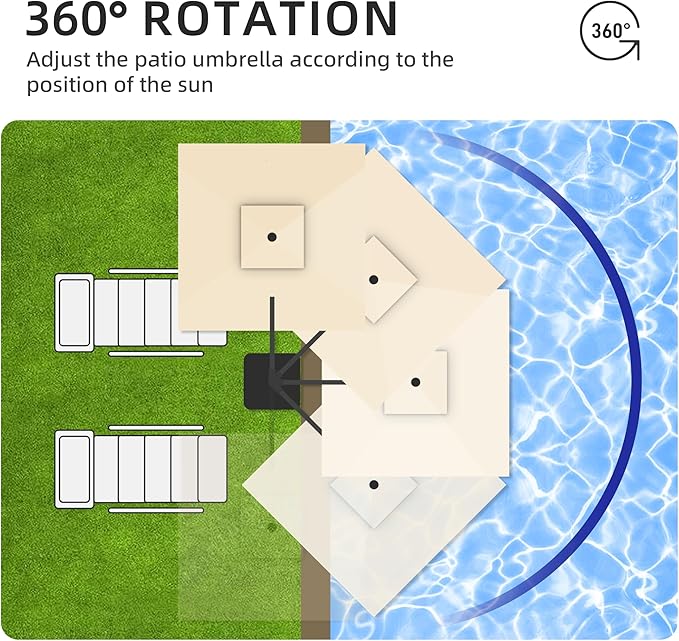 JZAC & QZYD 9x9 FT Outdoor Cantilever Patio Umbrella with Base Included and Solar LED Lights, Large Heavy Duty 2-Tier Square Aluminum Offset Umbrellas with 360-Degree Rotation for Pool Deck, Beige