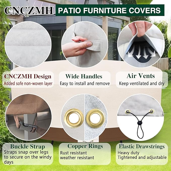 Heavy Duty Patio Furniture Covers Waterproof, 600D Round Outdoor Furniture Cover Waterproof for Sectional Sofa Couch, Outdoor Dining Table and Chair Set Covers 92"DIA x 28"H, Beige Brown