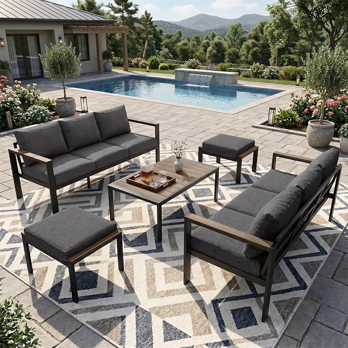 Outdoor Patio Furniture Set 5 Pieces Luxury Aluminum Patio Conversation Set with Coffee Table 8 Seats, Thick Cushions, Large Sectional Sofa for Porch, Balcony, Deck, Yard, Dark Gray