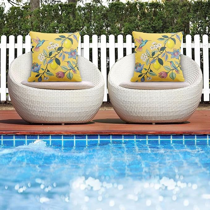 Throw Pillow Covers, Yellow Bird Floral, 18 x 18 Inch, Set of 2 | Outdoor Waterproof Pillowcase Square Cushion Case Farmhouse Garden Decorative Pillows for Couch Beach Patio
