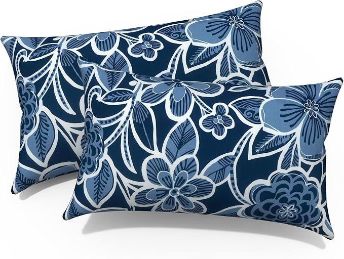 Pack of 2 Outdoor Lumbar Pillow Covers, All Weather Cushion Pillow Cases 12x20 Inch, Pillowcase for Patio Couch Decoration, Flower Navy
