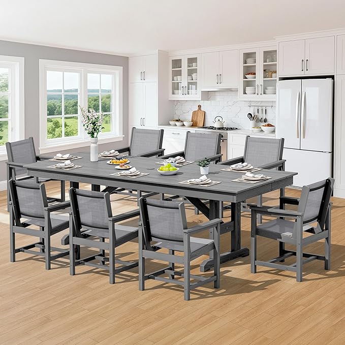 SERWALL 9 Piece Outdoor Dining Set, 84" HDPE Outdoor Large Table and Textilene Sling Chairs for 8，All Weather Patio Dining Furniture Set with Umbrella Hole for Backyard, Garden, Gray