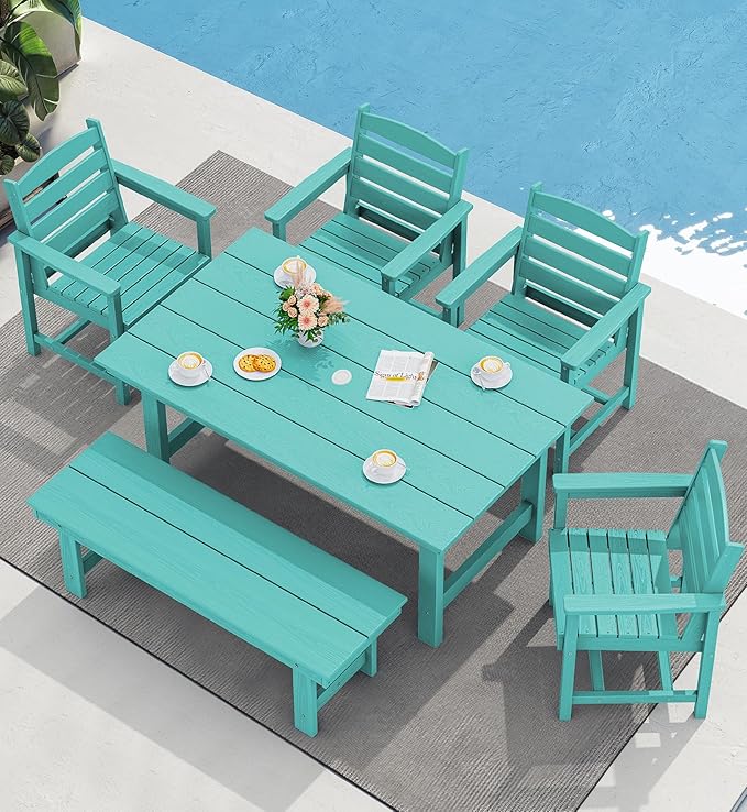 SERWALL 67" Rectangle Outdoor Dining Table for 6, Aruba | Patio Dining Table with an umbrella hole, HDPE Outdoor Dining Table which can holds up to 220LBS