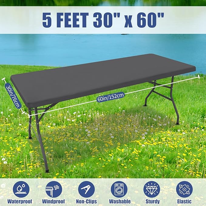 Moosfor Spandex 5 Foot Rectangle Table Cloth 2 Pack, Elastic Fitted Tablecloths for Picnic, Stretch Washable Patio Table Cover for Outdoor, Camping, Banquet and Parties (Dark Grey, 30"x60")