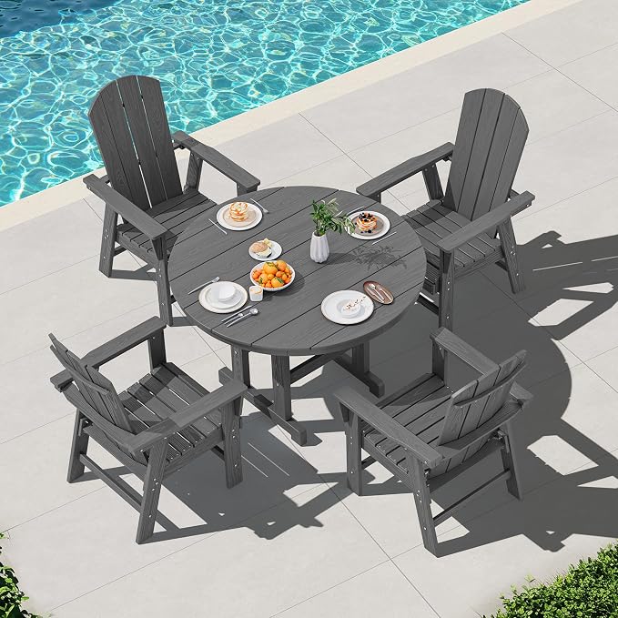 SERWALL 5-Piece Patio Dining Sets, HDPE Outdoor Table and Chairs Furniture Set, 45" Round Dining Table and 4 Adirondack Dining Chair, Grey