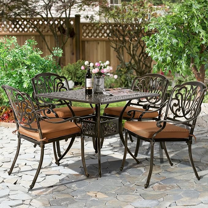 5-Piece Outdoor Patio Dining Set, All-Weather Cast Aluminum Patio Furniture Set for Backyard Garden Deck with 4 Chairs, 4 Cushions and 35.4” Square Table, 2.2" Umbrella Hole