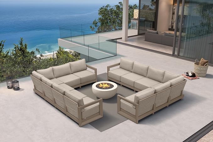 PURPLE LEAF Patio Furniture Set L-Shaped Outdoor Couch with 9.6" Thick Cushion and Soft Pillows 12 Piece Outdoor Sectional Sofas Modern Patio Conversation Sets for Yard Porch Deck Poolside, Khaki