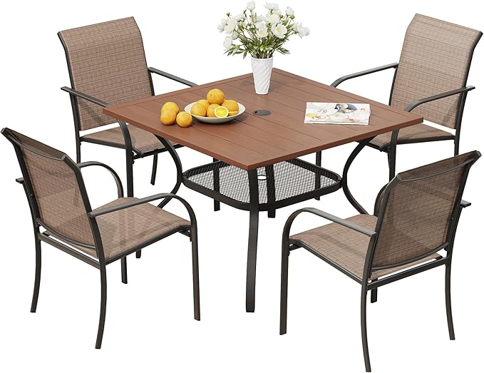 VICLLAX Outdoor Dining Set for 4, Patio Furniture Set of 4 Patio Stackable Dining Chairs and Outdoor Metal Square Table with Umbrella Hole for Backyard Lawn Garden, Brown Chairs and Walnut Table