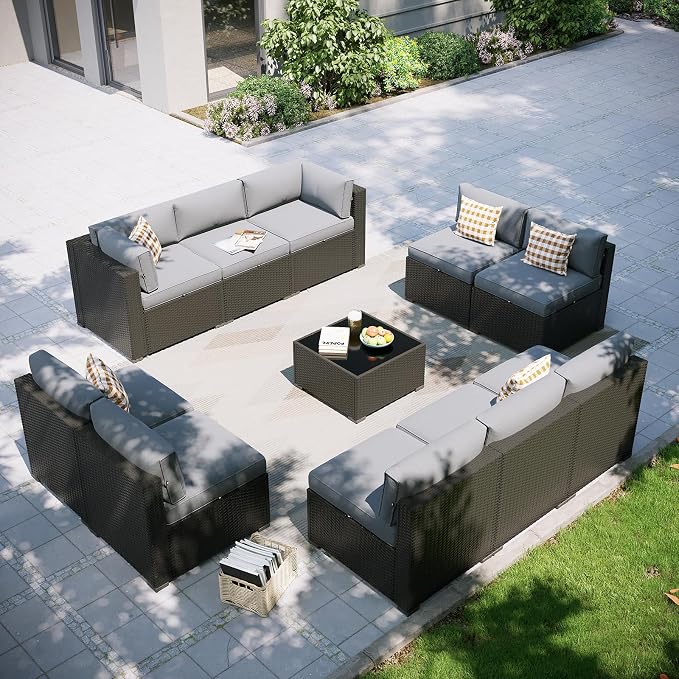 Aoxun Patio Furniture Set, 11 Piece Outdoor Sectional Sofas with Waterprool Cover, 10 Seats Wicker Rattan Outdoor Furniture Patio Conversation Set for Backyard, Garden Light Grey