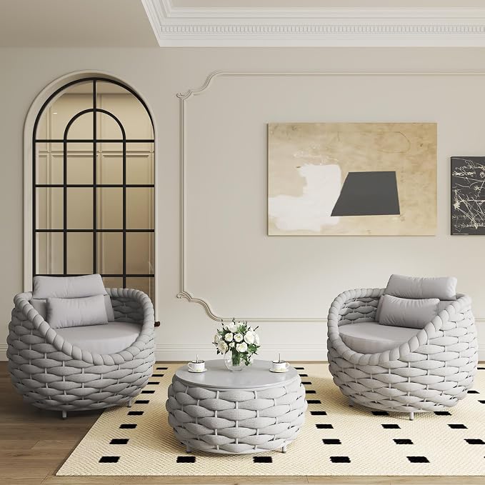 TWT Outdoor Patio Furniture Set-5 Pieces Aluminum Sectional Sofa, Metal Patio Conversation Set with Threeseat & Armchair, Textile Rope and Coffee Table, Light Grey