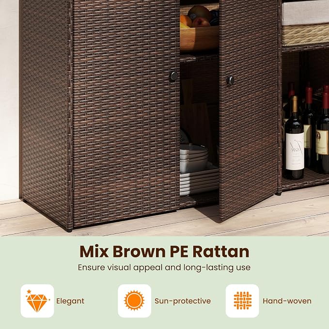 Tangkula Rattan Outdoor Storage Cabinet, Patiojoy Outdoor Cabinet with 2 Adjustable Shelves, 1 Drawer, 3 Doors, Patio Storage Deck Box Table for Patio Garden Poolside