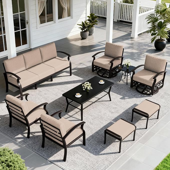 ALAULM Aluminum Patio Furniture Set with Coffee Table Rectangular, 9-seat Outdoor Sectional Furniture w/Swivel Chairs and 2 Ottomans, Patio Conversation Set for Porch, Backyard, Poolside-Sand