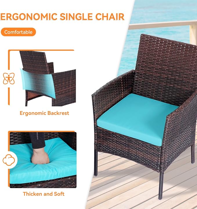 Patio Furniture Set, Outdoor Furniture Set 4 Pieces Patio Conversation Set PE Rattan Chair with Cushion Tempered Glass Table Garden Balcony Sets for Yard Pool Backyard Brown/Blue