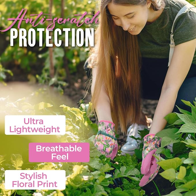 HANDLANDY Gardening Gloves for Women, Leather Garden Glove, Gardener Gift | Breathable Floral Ladies Leather Garden Yard Gloves, for Trimming, Weeding, Digging, Planting, Pruning