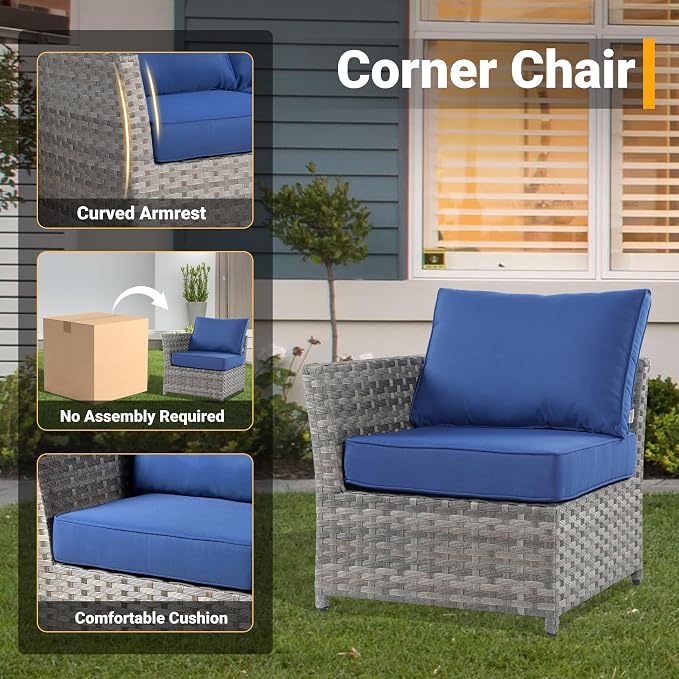 CAODOC 12 Pieces Outdoor Furniture Patio Sectional Sofa Couch Gray PE Wicker Conversation Sets with Ottomans Glass Coffee Table for Garden Poolside Backyard