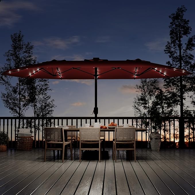 KYBOLT 15 Ft Large Patio Umbrella with Solar Lights, Outdoor Double-Sided Rectangle Umbrella with Base, Outdoor Umbrella for Backyard, Pool, Patio, Burgundy