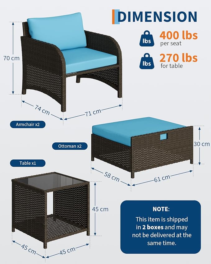 Garvee Patio Furniture Set, 5-Piece PE Rattan Wicker Outdoor Seating Set with Ottomans and Glass Tabletop, All-Weather Conversation Furniture for Garden Balcony