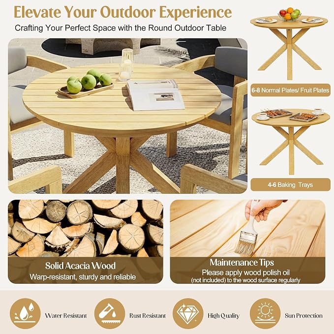 5-Piece Outdoor Acacia Wood Round Dining Set, All-Weather Round Dining Table and 4 Barrel Chairs & Removable Cushions, 5-Piece Patio Furniture for Backyard Deck Poolside (Gray Cush)