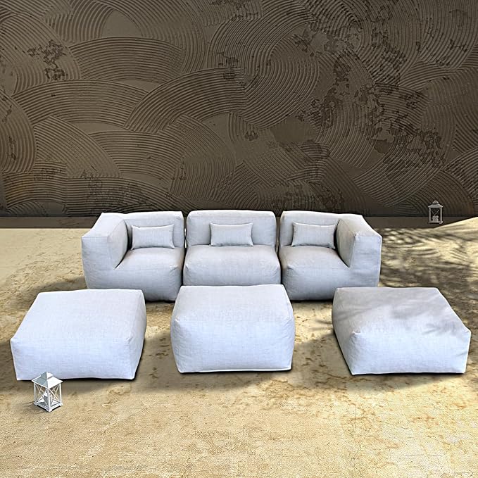 Patio Furniture Set Bean Bag Chairs PortoCervo 6PC Outdoor Chairs Sectional Conversation Patio Set Daybed Furniture Outdoor Sofa Couch High Density Foam Filling Modern Comfy Patio Couch (Light Gray)