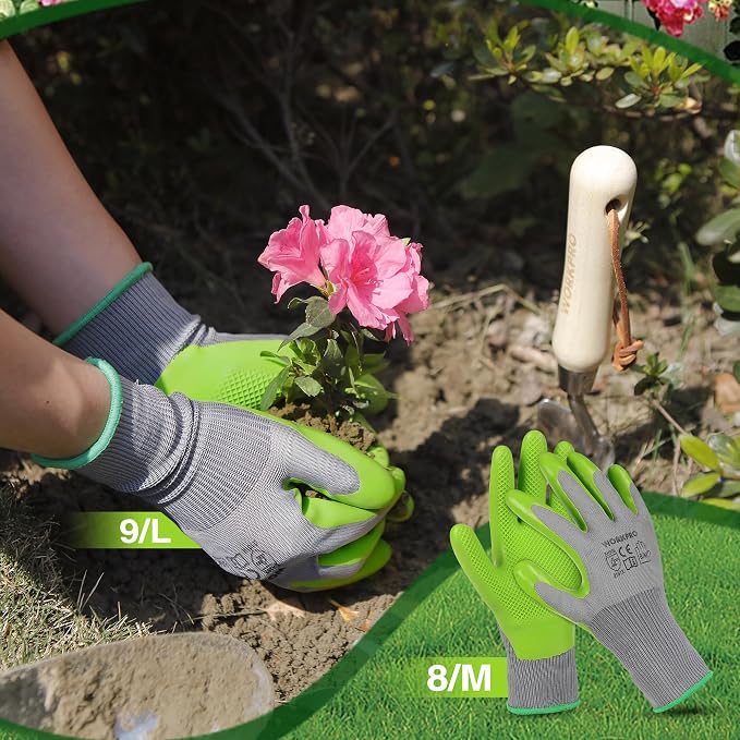 6 Pairs Eco Latex Palm Coated Garden Work Gloves by WORKPRO | Abrasion Resistance, Flexibility, Lightweight and Comfortable, Gardening Gloves for Weeding, Raking, Planting and Pruning