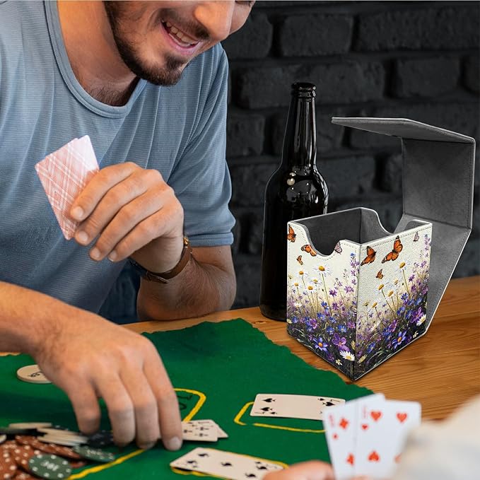 Purple Flower Butterfly Card Deck Box for MTG, Personalized Card Storage Case Fits 120+ Sleeved Cards, Premium Leather TCG Box with Strong Magnetic Closure for Magic, PTCG, Baseball Cards
