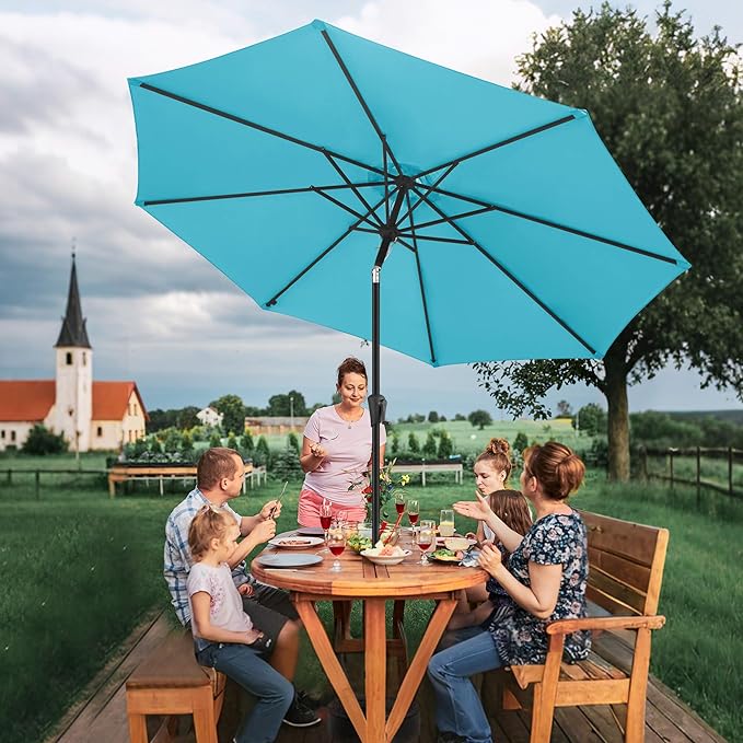 FLAME&SHADE 11 ft Patio Umbrella - Table Umbrella Outdoor with Push Button Tilt and Crank, UV Protection, 8 Sturdy Ribs, Market Umbrella for Garden, Deck, Backyard, Lawn, Pool and Beach(Aquablue)
